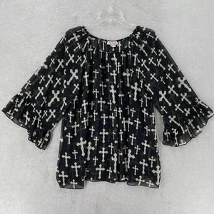 REINA Blouse‎ Womens LARGE Black White CROSSES Sheer Chiffon On OR Off Shoulder